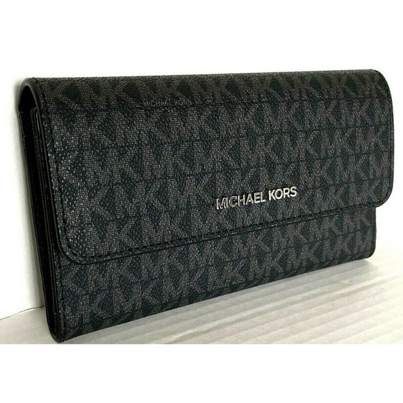 New Michael Kors Jet Set Travel Large Trifold wallet PVC Black with Silver - Picture 2 of 4